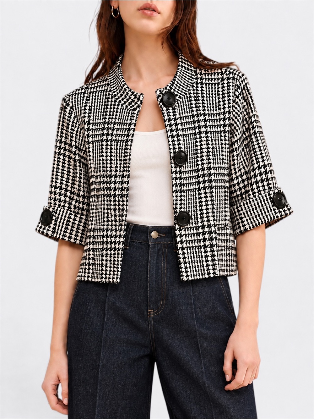 Y2K Vintage Jessica Houndstooth Plaid Cropped Jacket Size 12 Made in Canada - Picture 2 of 13